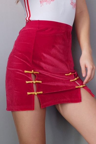 Retro Button Simple Plain Split Side Bodycon Mini Skirt