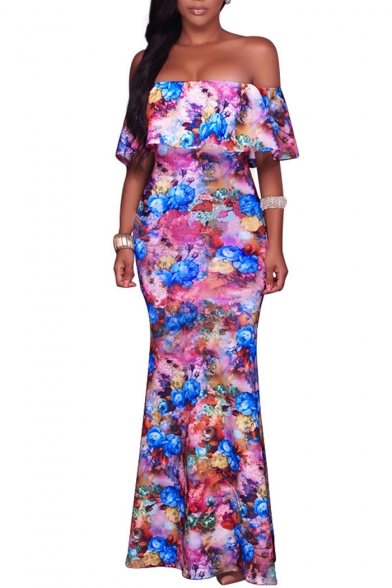 Retro Floral Print Off Shoulder Short Sleeve Maxi Dress