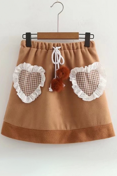 Ruffle Plaid Print Drawstring Waist Skirt with Pom-Pom