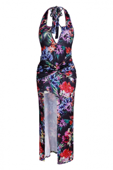 Secy Open Back Split Side Floral Print Halter Neck Maxi Slip Dress