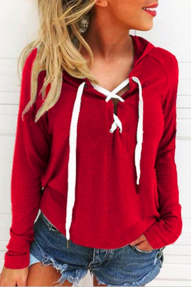 Simple Basic Lace-up Front Long Sleeves Pullover Loose Leisure Hoodie
