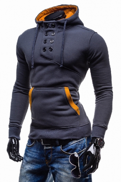Sportive Button Front Long Sleeves Pullover Drawstring Men's Hoodie with Pocket