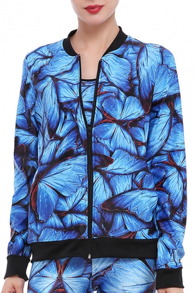 Spring Fashion Butterfly Pattern Contrast Trim Zippered Jacket with Pockets