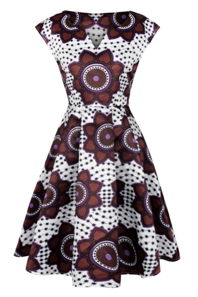 

Stylish Floral Star Printed V-Neck Fit & Flare Midi Dress, LC462052