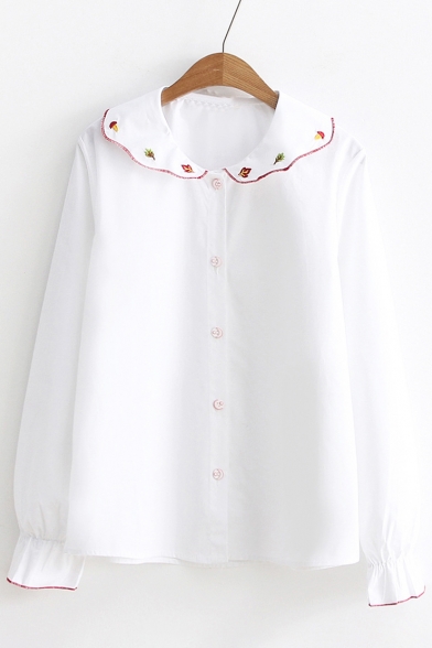 Stylish Leaf Embroidered Peter Pan Collar Long Sleeve Button Down Shirt