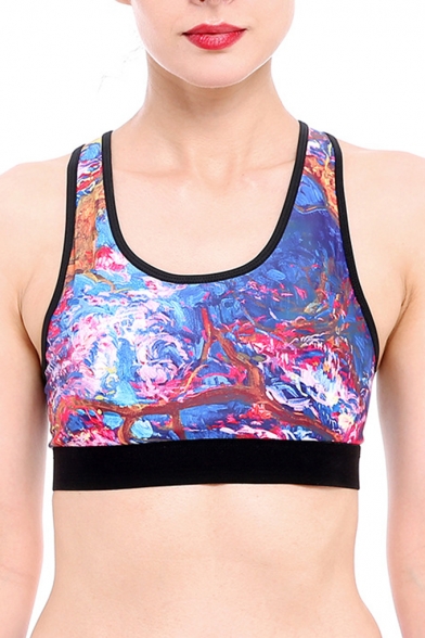 Stylish Oil-Painting Color Block Scoop Neck Cropped Tank with High Waist Workout Pants