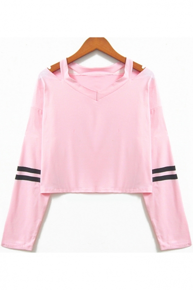 

Stylish Striped Pattern V-Neck Cutout Hollow Long Sleeves Cropped Tee, Black;pink;white;gray;yellow, LC462224