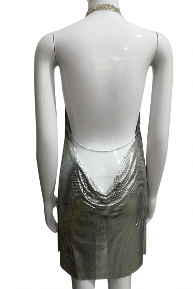 Summer Fashion Split Side Halter Neck Open Back Mini Sequined Draped Cami Dress