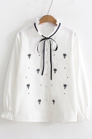 Trendy Floral Embroidered Bow Tie Front Long Sleeve Shirt