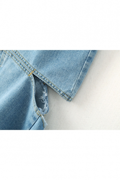 Casual Raw Edged Zipper Fly Ripped Off Hollow Asymmetrical Hem Denim Skirt