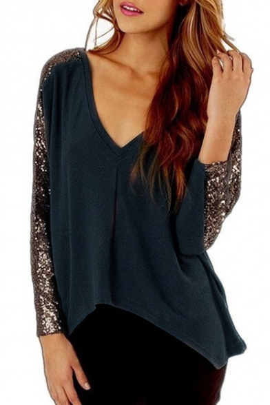 Casual V-Neck Sequined Patchwork Long Sleeves High Low Hem Loose Tee