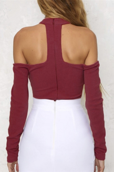 Chic Simple Plain Long Sleeve Cold Shoulder Lace-Up Front Bodysuit