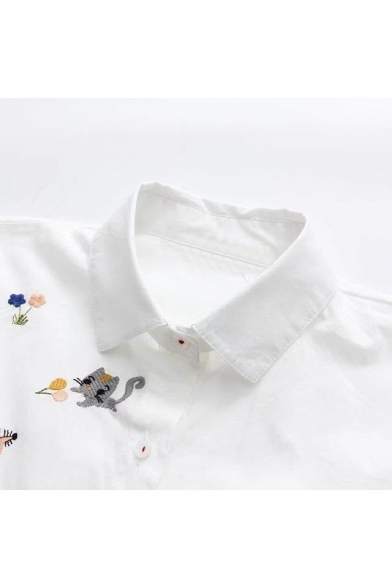 Cute Cartoon Cat Mouse Floral Print Lapel Long Sleeve Tunic Shirt