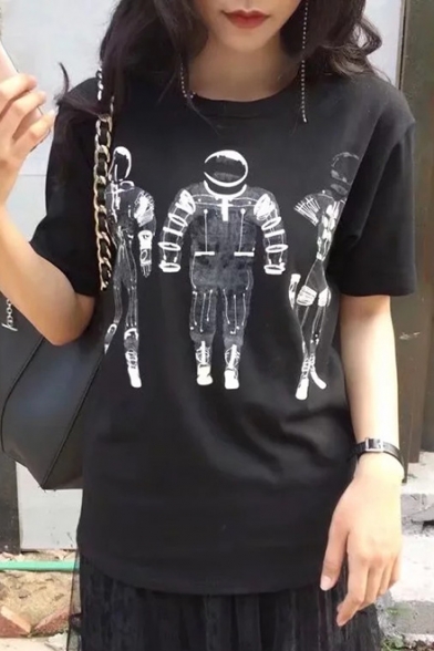 Fashionable Astronaut Printed Round Neck Short Sleeve Loose Summer Tee