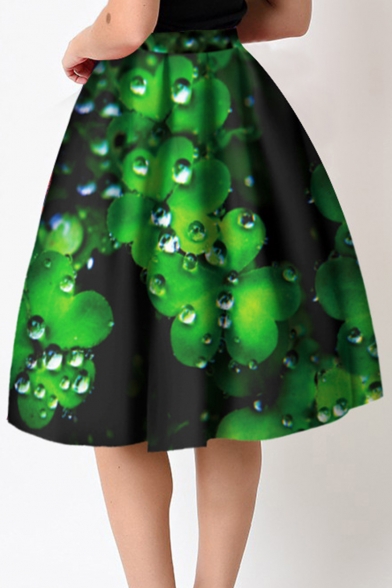 Fashionable Elastic Waist Clover Dewdrop Printed Flared Midi Skirt