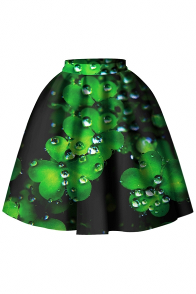Fashionable Elastic Waist Clover Dewdrop Printed Flared Midi Skirt