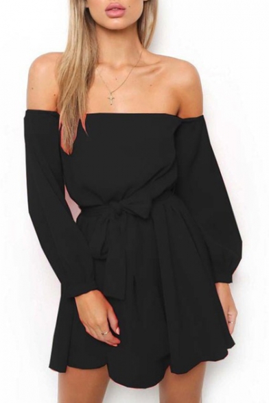 Fashionable Off the Shoulder Long Sleeves Bow Tie Belted Ruffle Hem Mini A-line Dress