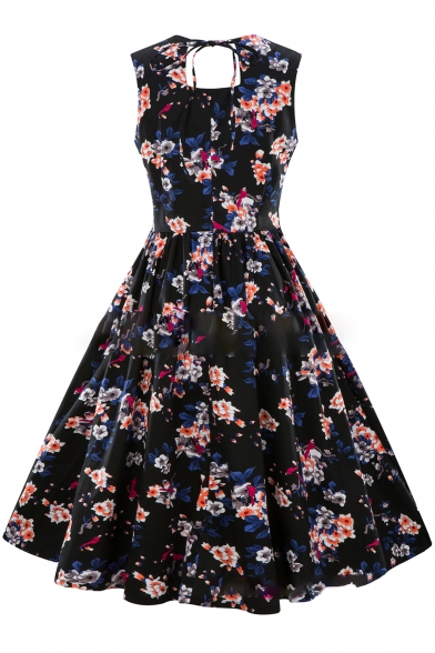 Ladylike Floral Pattern Square Neck Bow Tie Back Pleated Midi Fit & Flare Dress
