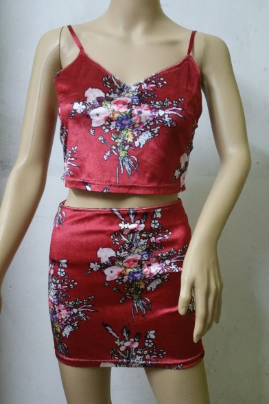 New Stylish Floral Print Cropped Cami Mini Skirt Co-ords
