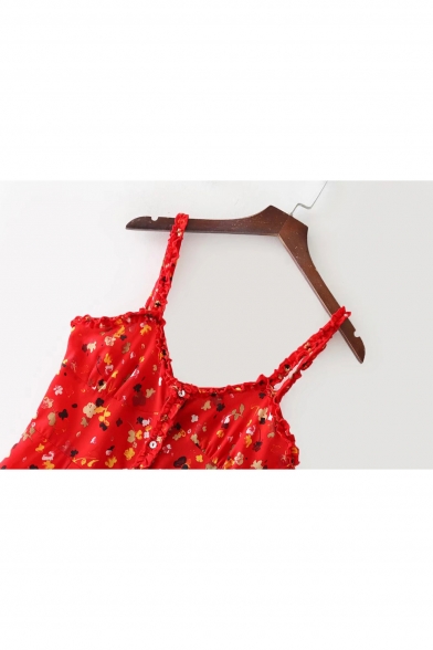 New Stylish Floral Print Ruffle Detail Button Slip Dress