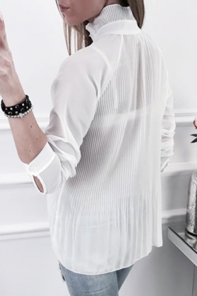 Simple Plain Bow Front Long Sleeve Pleated Tunic Blouse
