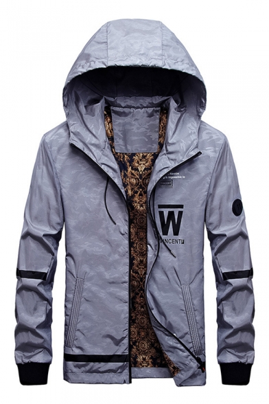 Spring Collection Letter Camouflaged Pattern Zippered Hooded Jacket with Pockets