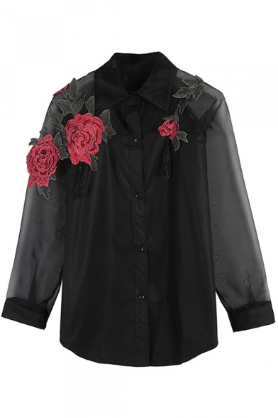 Stylish 3D Floral Rose Tassel Embellished Button Down Patchwork Shirt