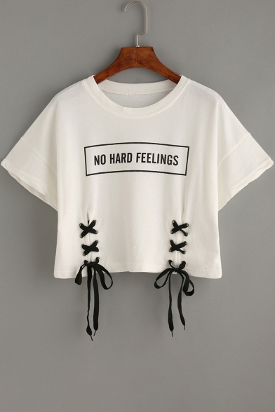 Stylish Letter Print Tie Front Round Neck Short Sleeve Cropped Tee