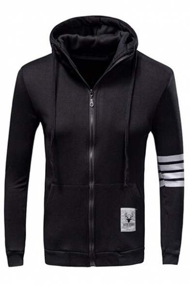 

Stylish Striped Pattern Deer Applique Long Sleeves Zippered Hoodie with Pockets, Black;white, LC462114