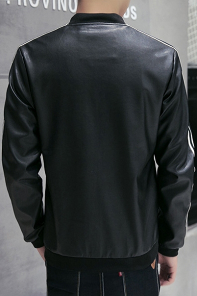 Stylish Striped Side Zippered Stand-Up Collar Long Sleeve Leather Baseball Jacket