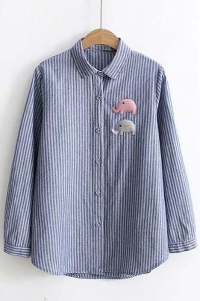 Trendy Elephant Pattern Point Collar Long Sleeves Button Down Casual Shirt