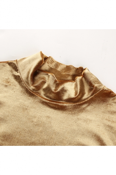 Trendy Plain Gold High Neck Slim-Fit Long Sleeves Velvet Bodysuit