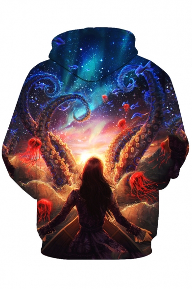 Unique Magic World Octopus Girl Character Galaxy Printed Pullover Hoodie with Pocket