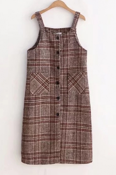Winter Collection Tartan Plaids Button Down Double Pockets Overall Mini Dress