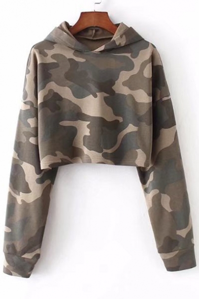 Autumn Fashion Camouflaged Pattern Long Sleeves Pullover Cropped Hoodie