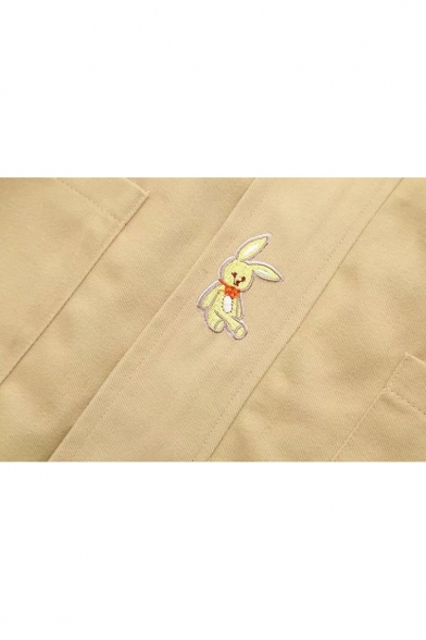 Cartoon Embroidered Long Sleeve Zipper Coat with Rabbit Ear Hood