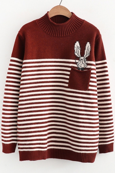 Cartoon Rabbit Striped Print Long Sleeve Pullover Sweater with Pocket