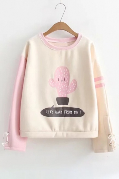 Cute Cactus Cartoon Letter Color Block Lace-up Sleeves Round Neck Pullover Sweatshirt