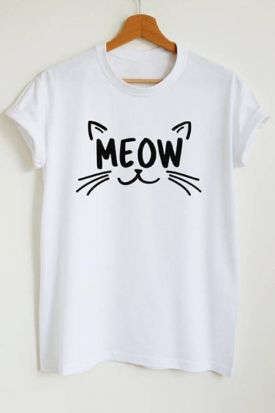 Cute Cat MEOW Letter Pattern Round Neck Short Sleeves Casual Tee