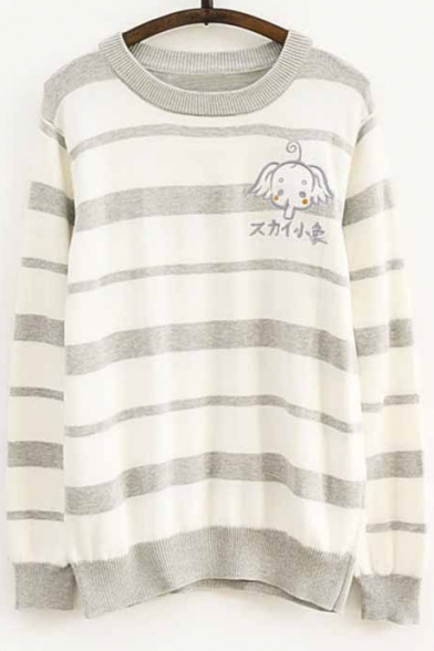 Cute Elephant Striped Pattern Round Neck Long Sleeves Pullover Sweater