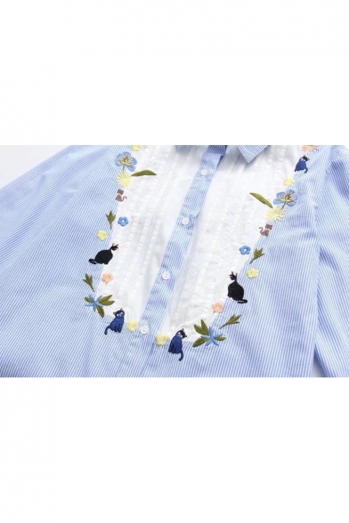 Embroidery Cartoon Cat Floral Pattern Color Block Striped Long Sleeve Tunic Shirt