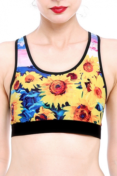 Fancy Sunflower Oil-Painting Printed Scoop Neck Cropped Tank with High Waist Workout Pants