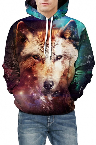 Fashionable 3D Wolf Pattern Long Sleeve Pocket Hoodie for Couple