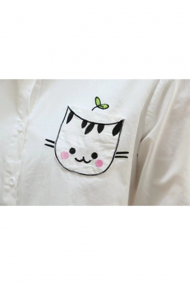 Fashionable Cartoon Cat Embroidered Lapel Single Breasted Long Sleeve Shirt