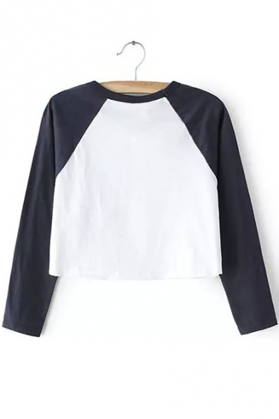 Fashionable Color Block Round Neck Long Sleeves Autumn Cropped Tee