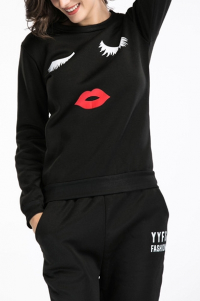 Fashionable Lip Print Long Sleeve Round Neck Sweatshirt Sport Co-ords