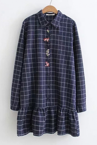 Floral Embroidered Plaid Pattern Long Sleeve Button Ruffle Hem Lapel Dress
