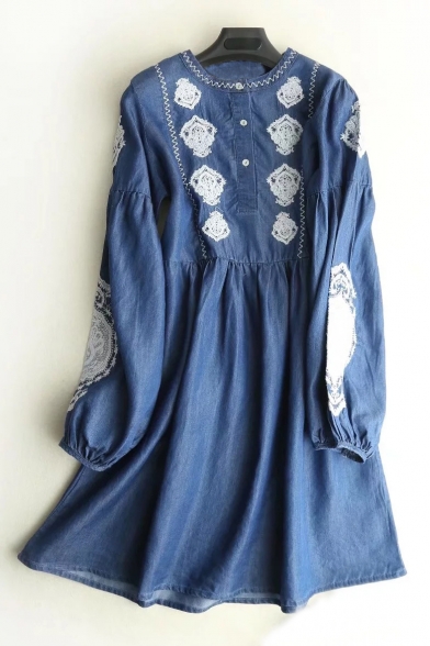 Leisure Button Embroidery Detail Blouson Sleeves Midi A-line Denim Dress
