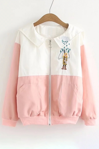 Lovely Cartoon Cow Embroidered Color Block Zipper Long Sleeve Coat
