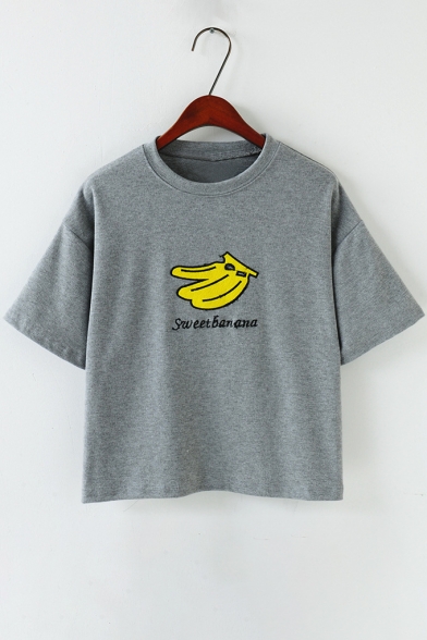 Lovely Letter Banana Pattern Round Neck Short Sleeves Cropped Tee